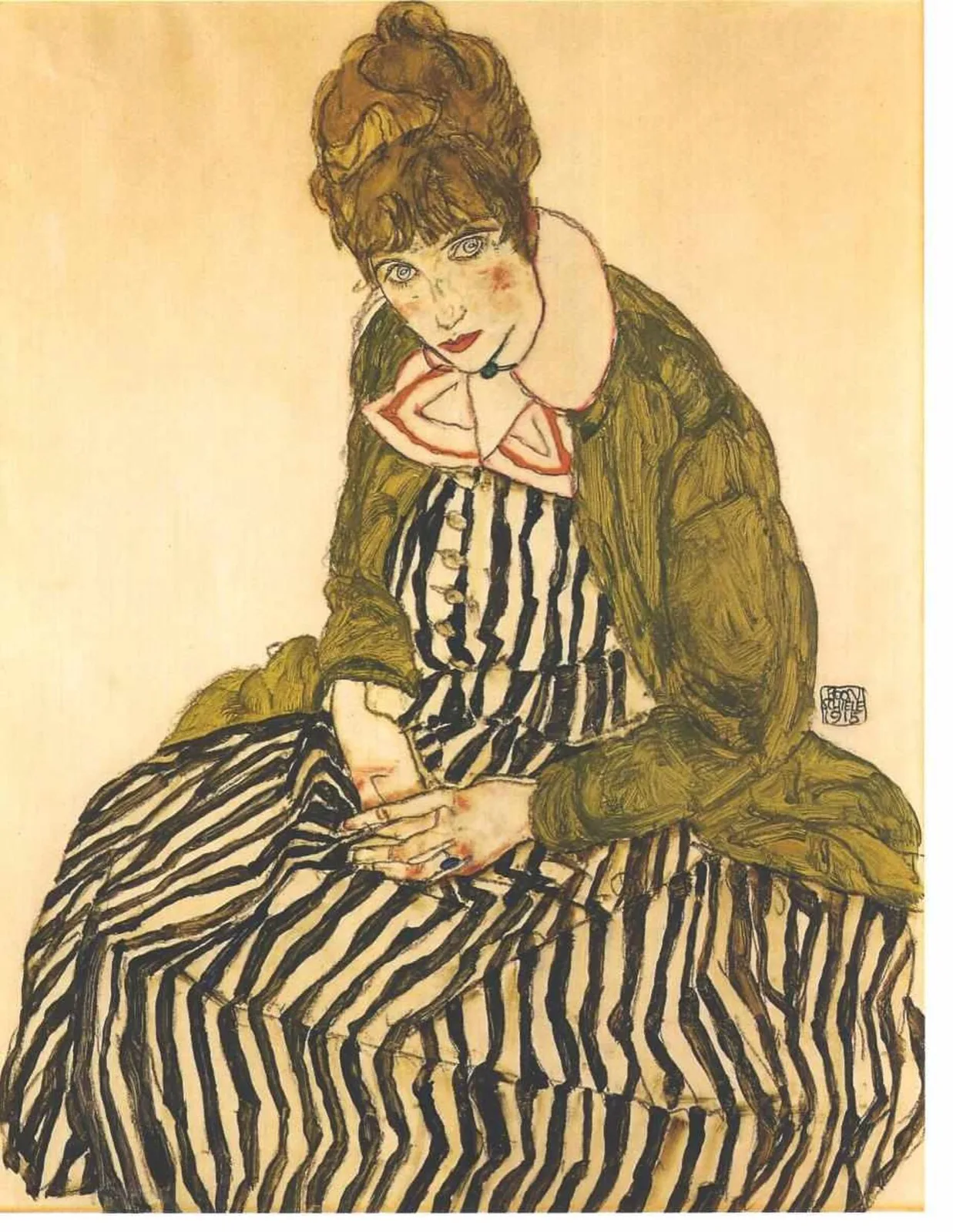 Portrait of Edith Schiele with striped dress