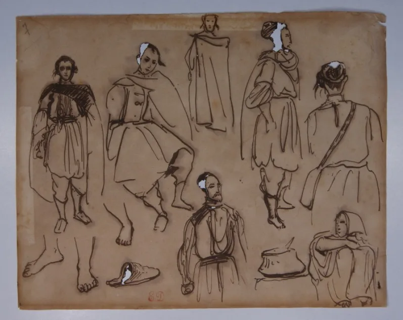 Esquisses de sept personnages et détail de pieds et chaussure. (titre factice)