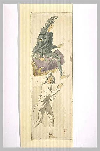 Cavalier de trois quarts à gauche; oriental marchant vers la droite