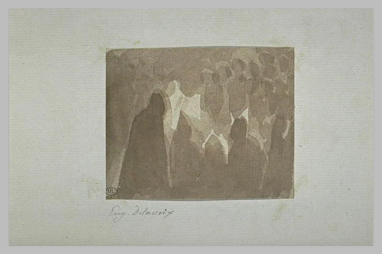 Assemblée de personnages encapuchonnés, dans la pénombre