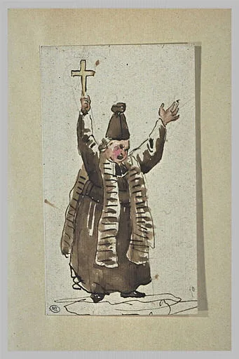 Caricature prêtre, debout, brandissant un crucifix