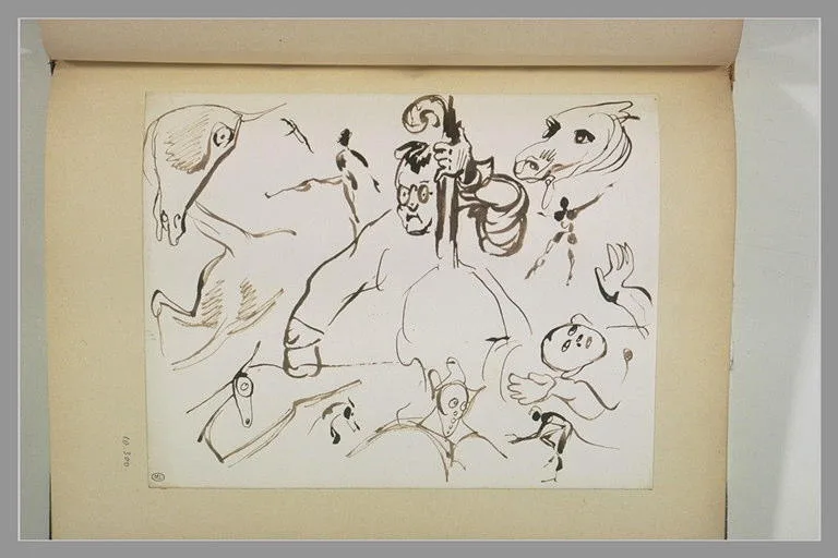 Caricatures de chevaux et d'hommes dont un joueur de contrebasse