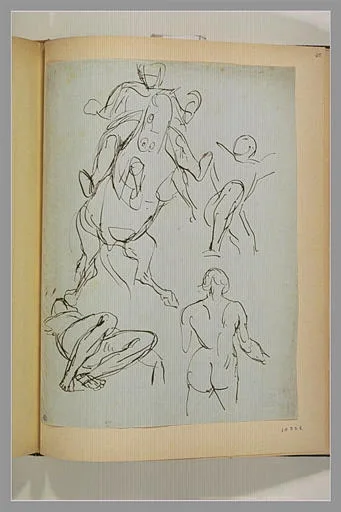 Cavalier sur un cheval cabré, et trois études de nus