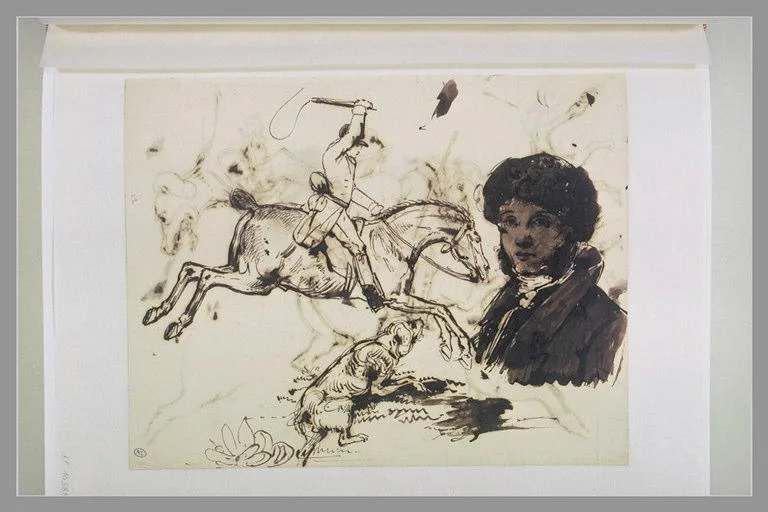 Cavalier en costume de chasse à courre; chien bondissant; homme en buste