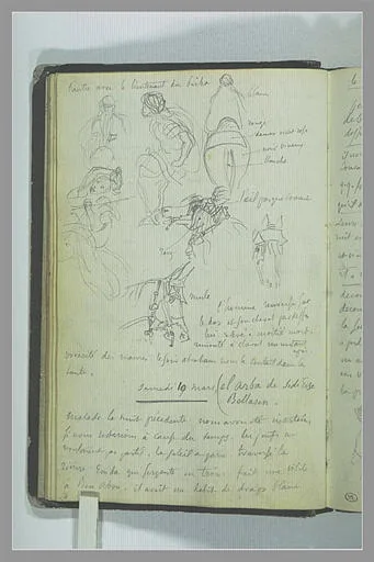 Cavaliers arabes, têtes de mules harnachées et notes manuscrites