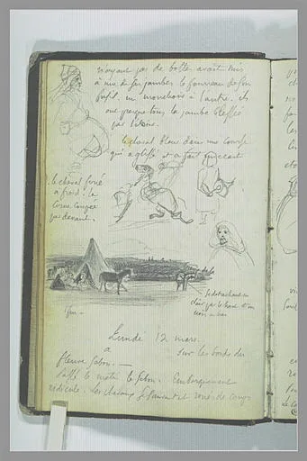 Campement, croquis d'arabes et notes manuscrites