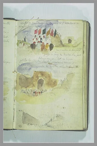 Cavaliers, foule devant une porte de la ville, notes manuscrites