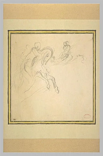 Cavalier galopant vers la droite et deux figures