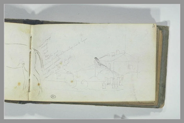 Arrière-train d'animal; groupe de maisons; note manuscrite