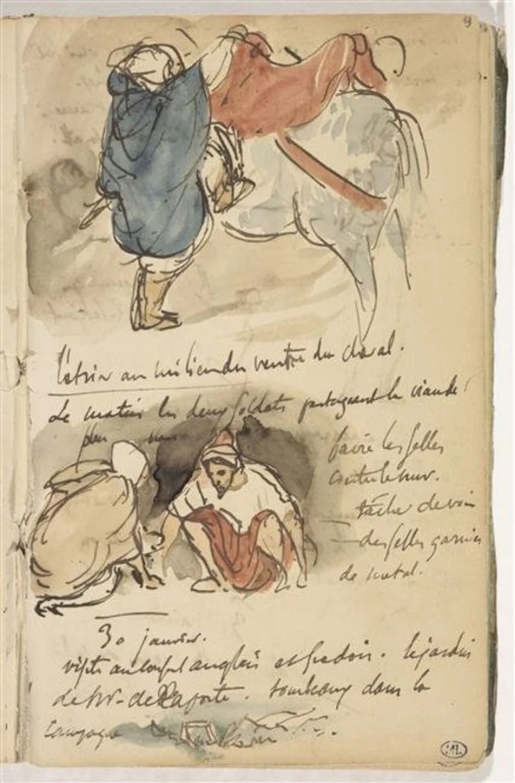 Arabe sellant son cheval, et deux Arabes; petit croquis de paysage