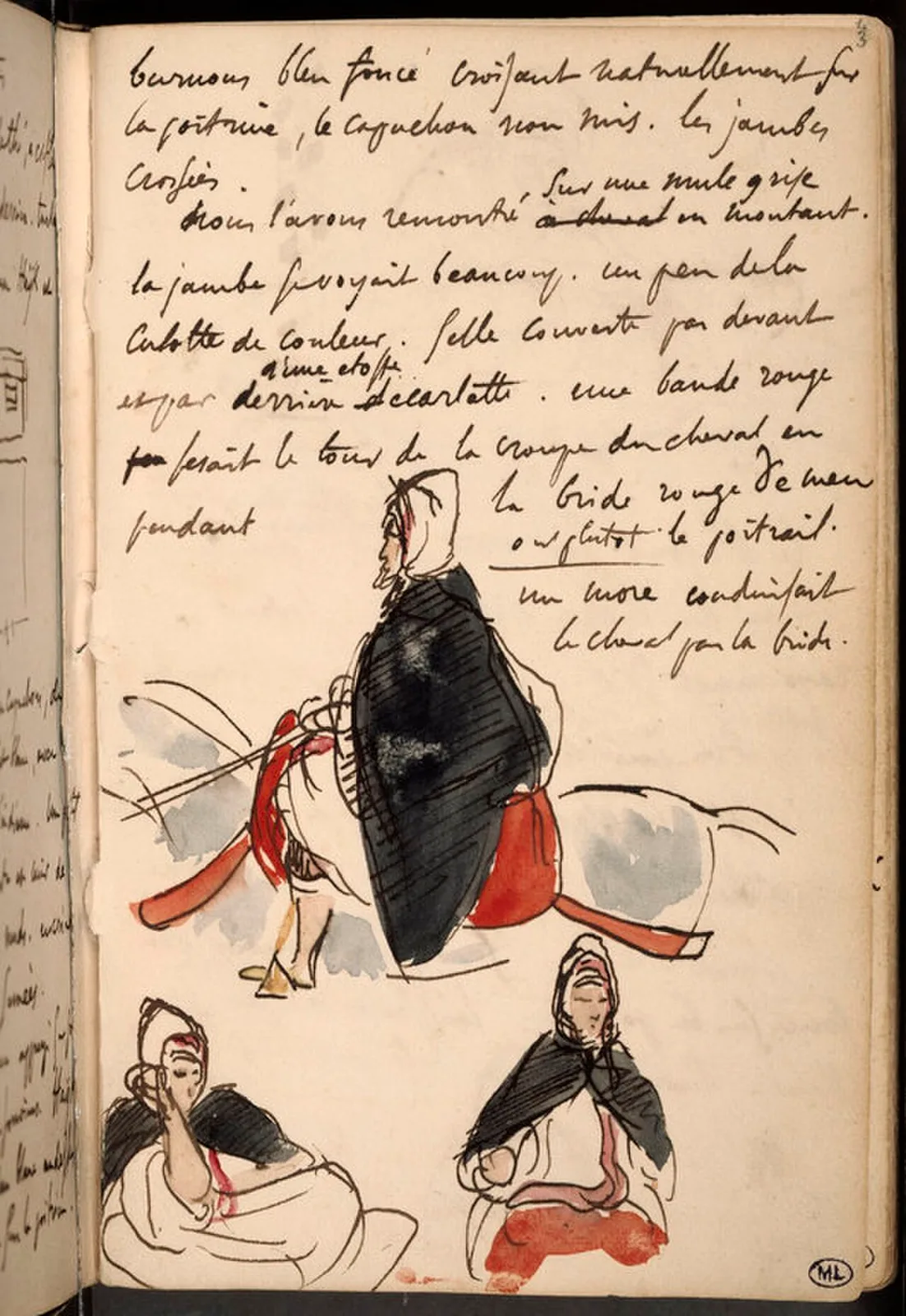 Cavalier Arabe de profil à gauche, et deux Arabes accroupis