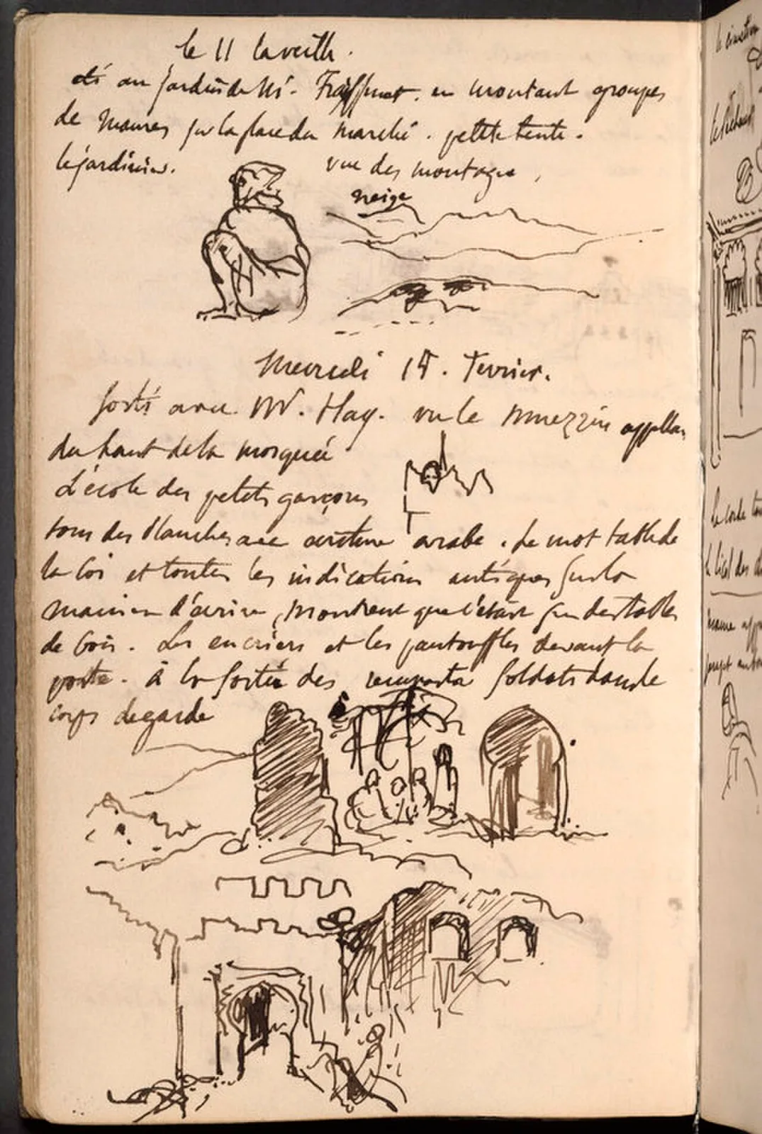 Arabe accroupi et montagnes; croquis de remparts et de portes