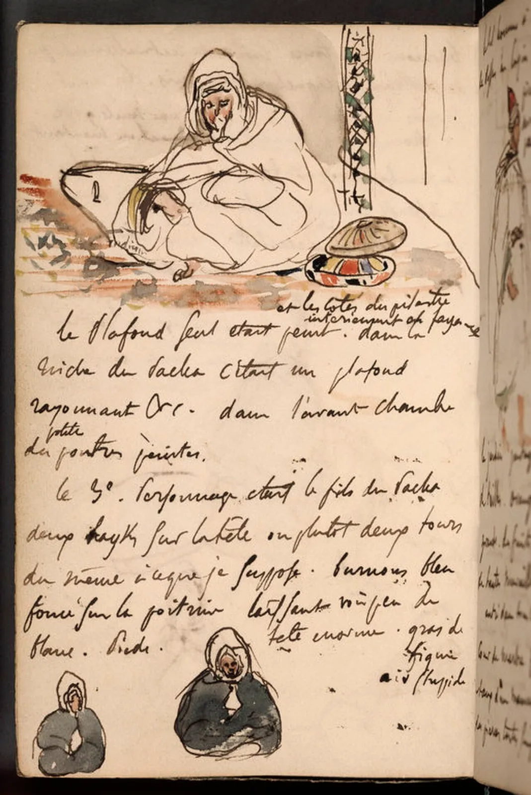 Arabe assis sur un tapis, et deux croquis d'Arabes et notes manuscrites