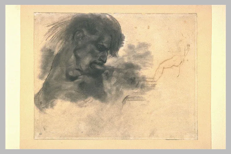 Buste d'homme nu, de profil, mordant et s'aggripant