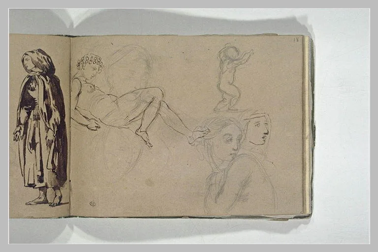 Bacchante allongée; quatre têtes de femmes; un enfant tendant les bras
