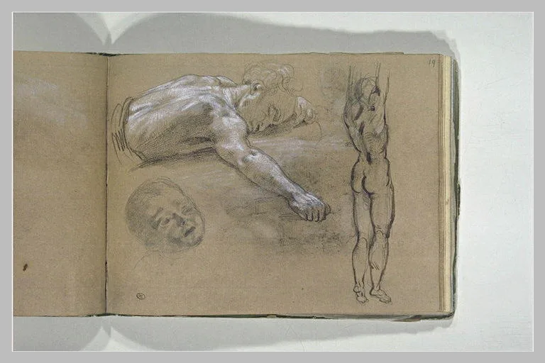 Buste d'homme étendu à terre; tête d'enfant; homme vu de dos