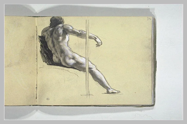 Académie d'homme assis, vu de dos, la jambe droite et le bras droit tendus