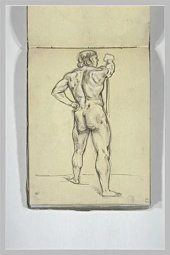 Académie d'homme, vu de dos, tenant un bâton