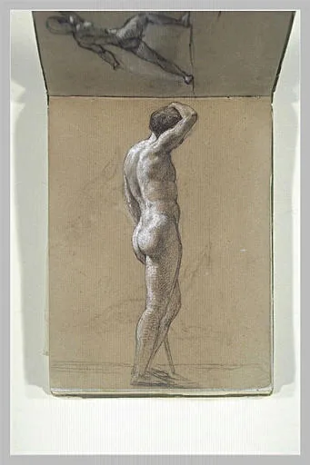 Académie d'homme, le bras droit levé, vu de dos, de trois quarts à droite