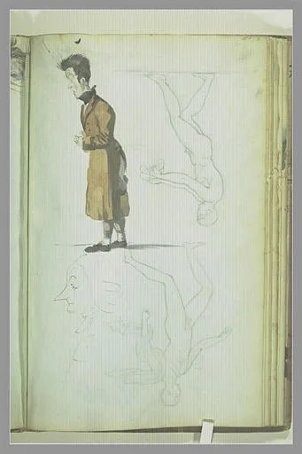 Caricature d'un homme, tête caricaturale, et deux nus d'après l'antique