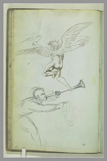 Amour, génie ailé, homme sonnant de la trompette