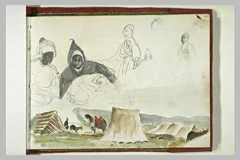 Campement dans la plaine; études d'arabes