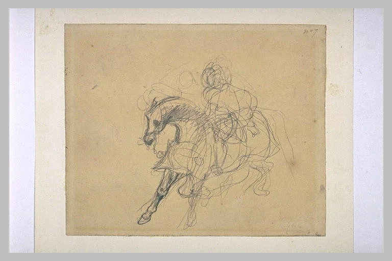 Cavalier galopant avec une figure volant à ses cotés
