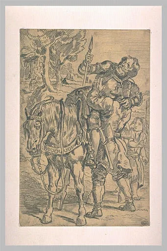 Cavalier en armure secouru par un paysan