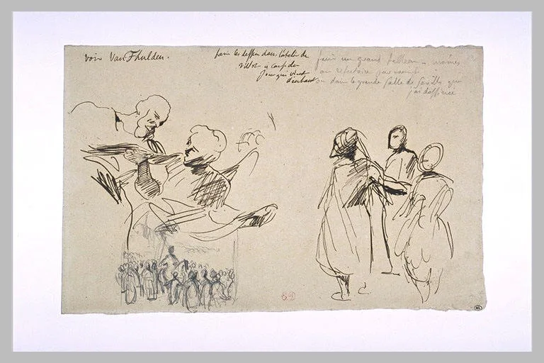 Cavalier entouré de personnages, et deux têtes d'homme penchées