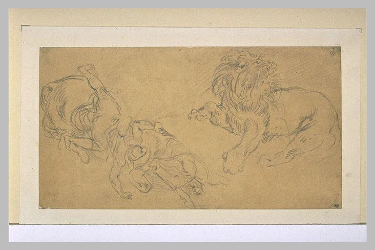 Cavalier tombant de cheval, et lion rugissant