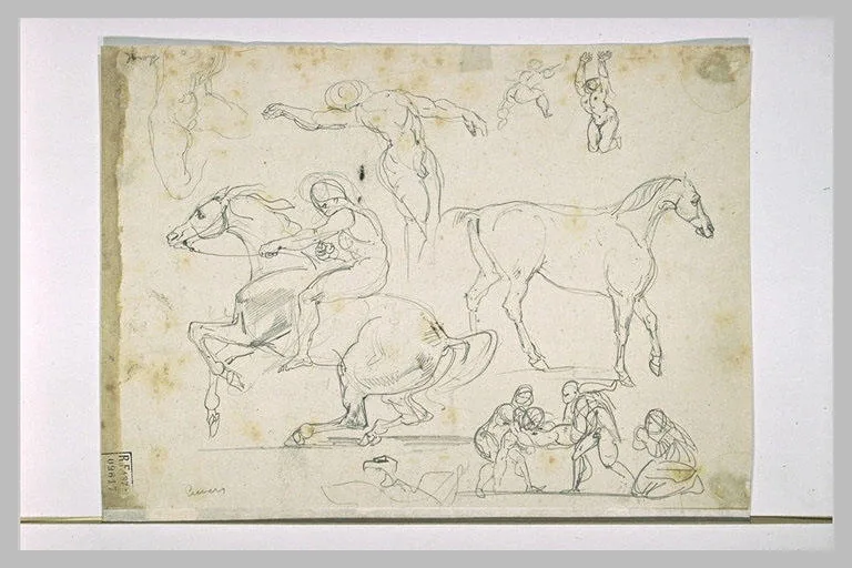 Cavalier nu, cheval, divers personnages et Mise au Tombeau
