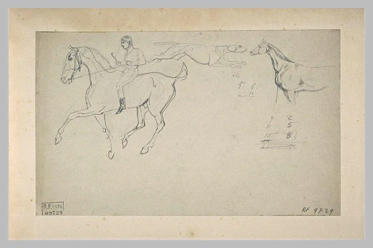 Cavalier, cheval, chien courant vers la droite,et chiffres