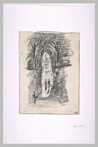 Allée de parc aboutissant à une maison