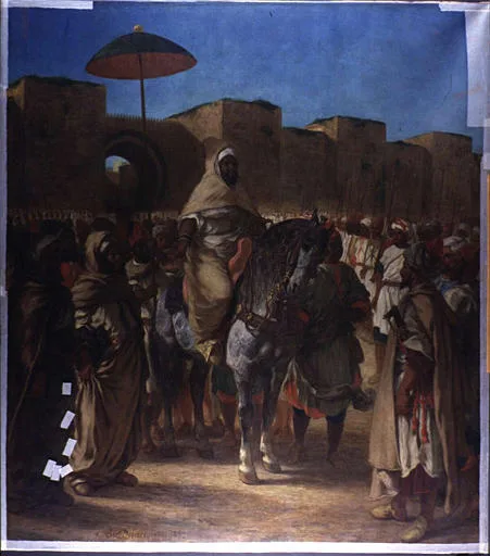 Muley-Abd-Err-Rahman, sultan du Maroc, sortant de son palais de Meniquez, entouré de sa garde et de ses principaux officiers (mars )