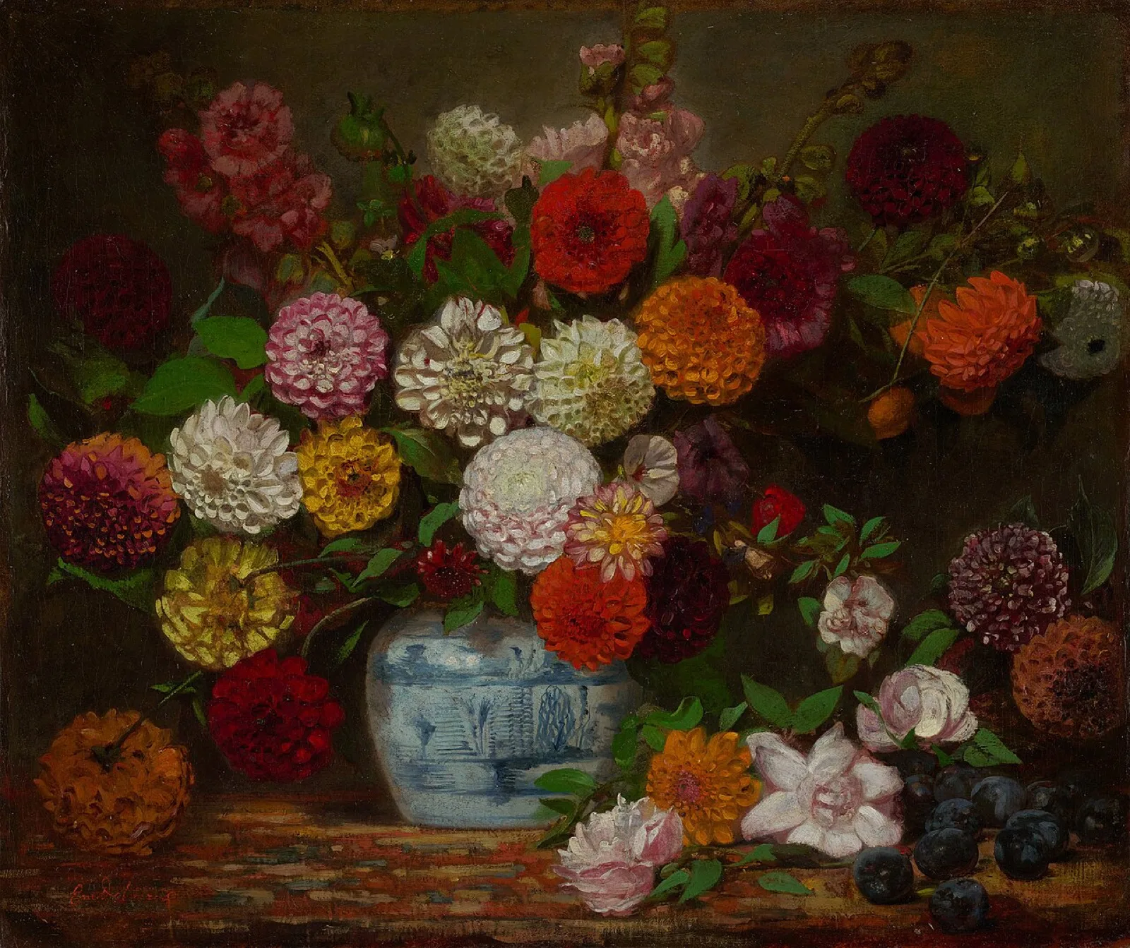 Still Life with Dahlias, Zinnias, Hollyhocks and Plums