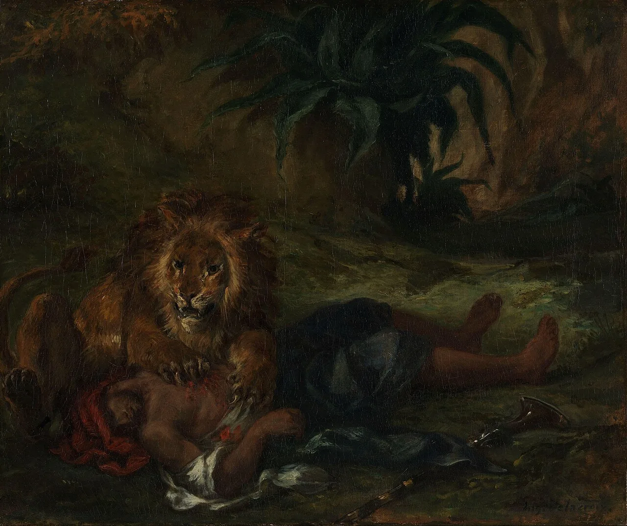 Lion mauling a dead Arab