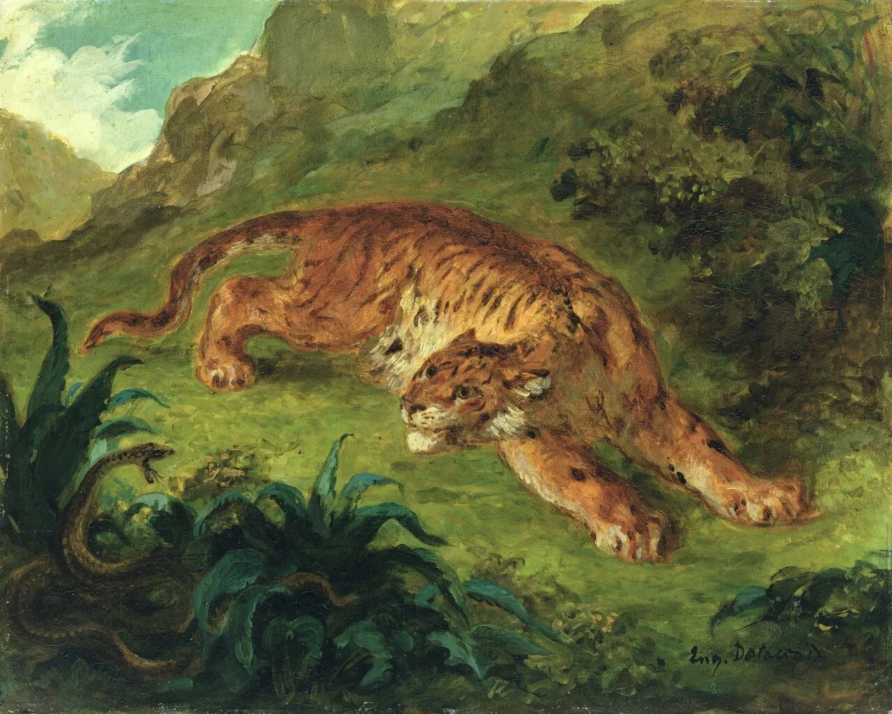 Tigre effrayé par un serpent