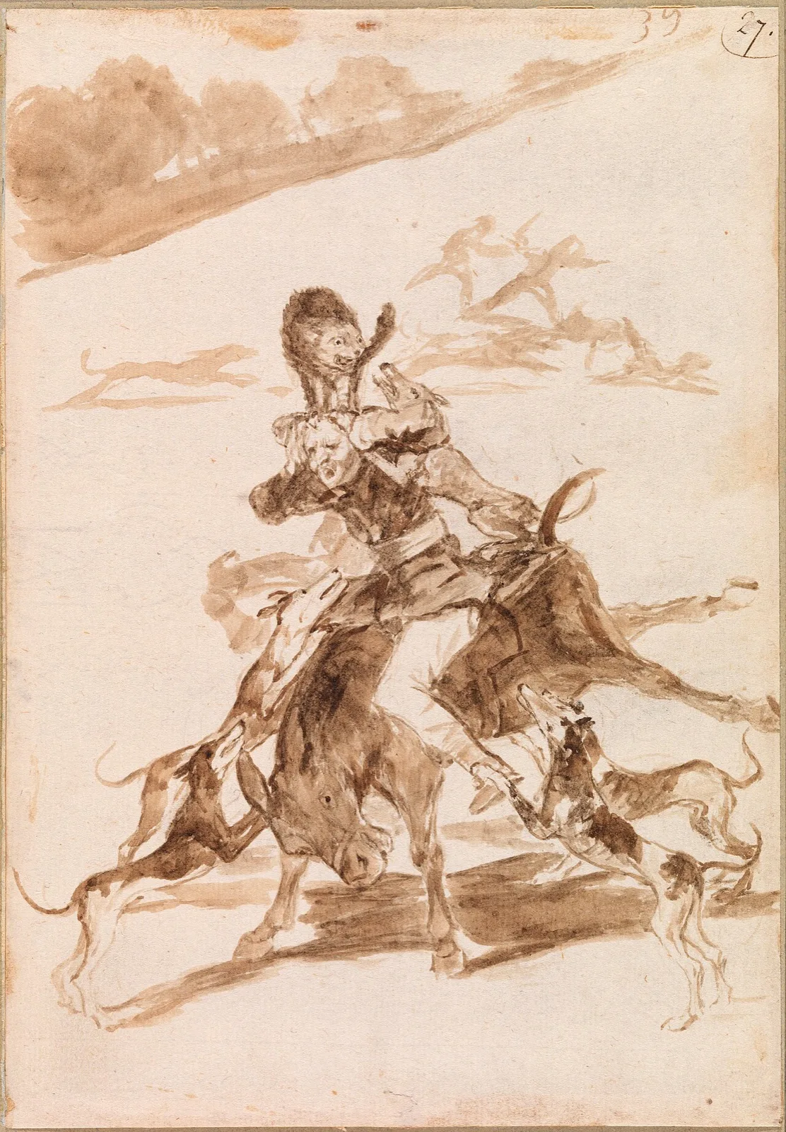 Dogs Chasing a Cat on a Man on a Donkey