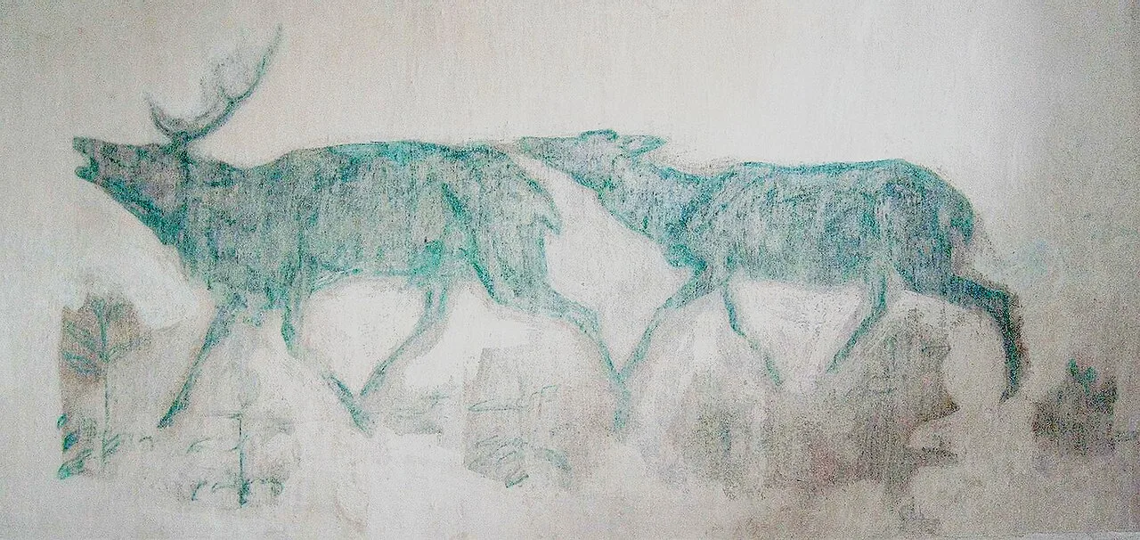 Fresko mit grün-blauen Hirschen