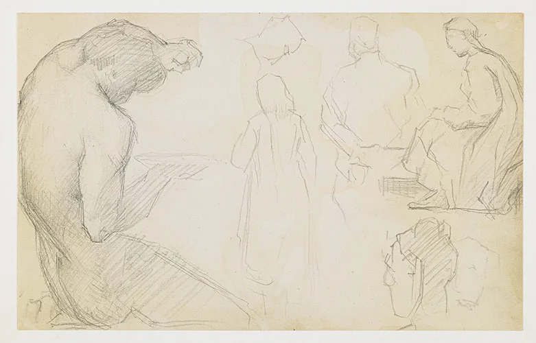 Page de croquis: Satyre d'après Poussin et autres figures