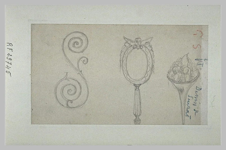 Etudes d'une volute de balcon, d'un miroir, et d'une corne d'abondance