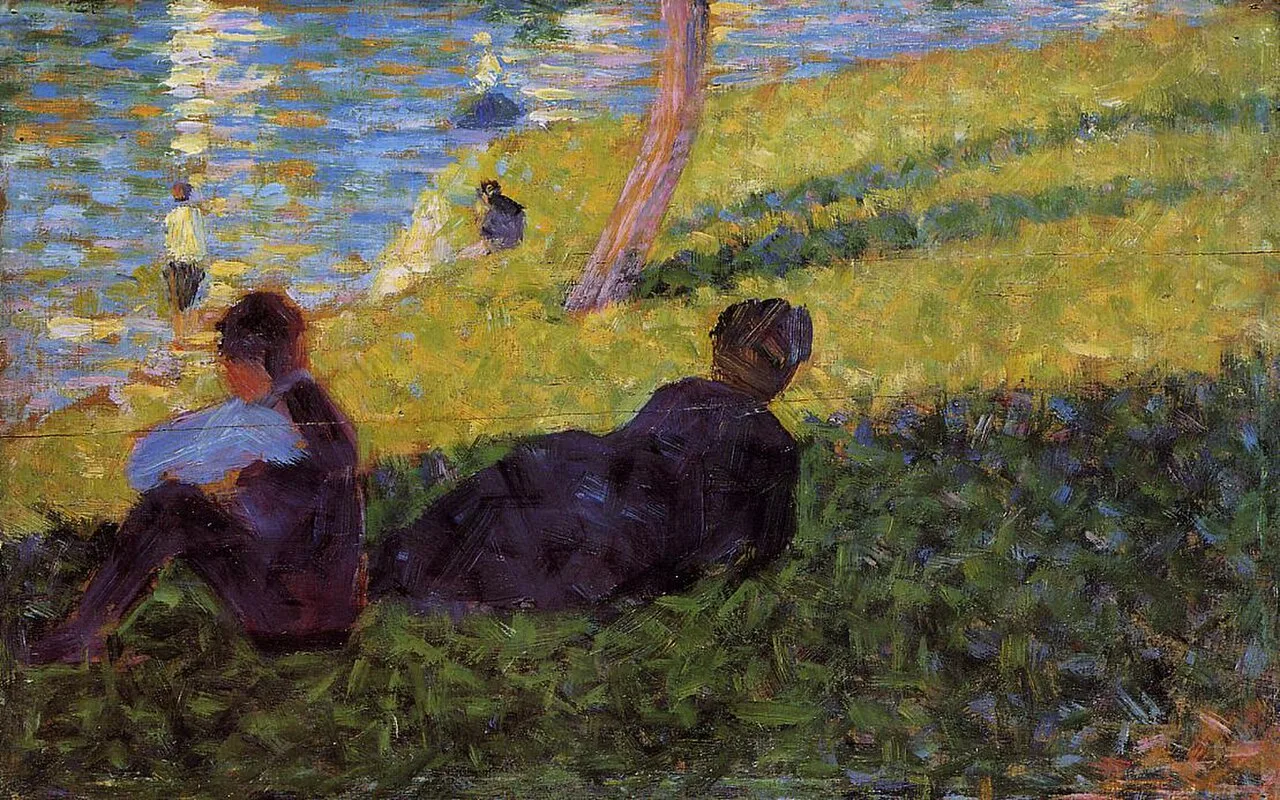 Moyenne distance, gauche, deux personnages. Étude pour la Grande-Jatte