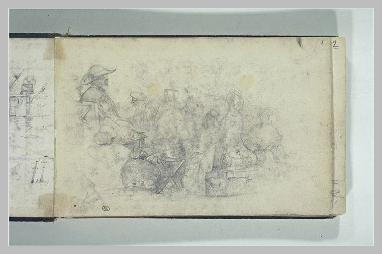 Scène de rue, avec des personnages, des valises, des sacs et des paquets
