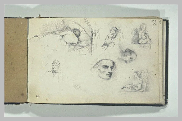 Etudes de tête, de personnages couchés ou assis