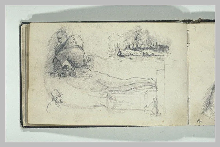 Etudes d'un homme couché, vu en raccourci, de paysage, d'une figure ...