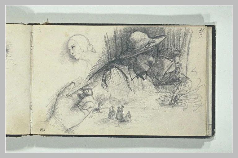 Etudes d'une main, de figures en buste et de figures dans la campagne
