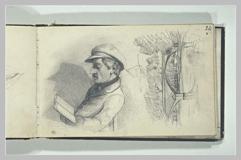 Homme assis, lisant; paysage avec un pont