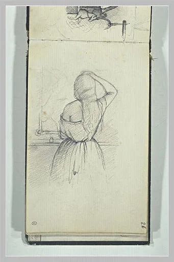 Jeune femme, debout, de dos, devant un miroir