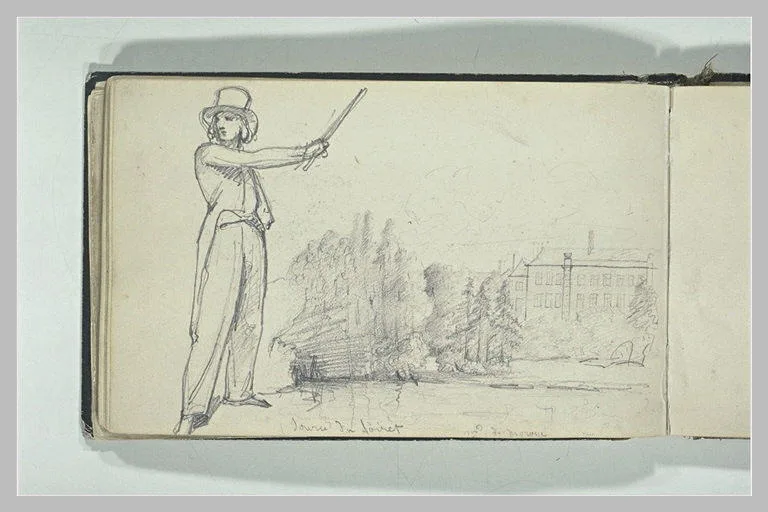 Portrait de jeune homme debout; paysage: les sources du Loiret