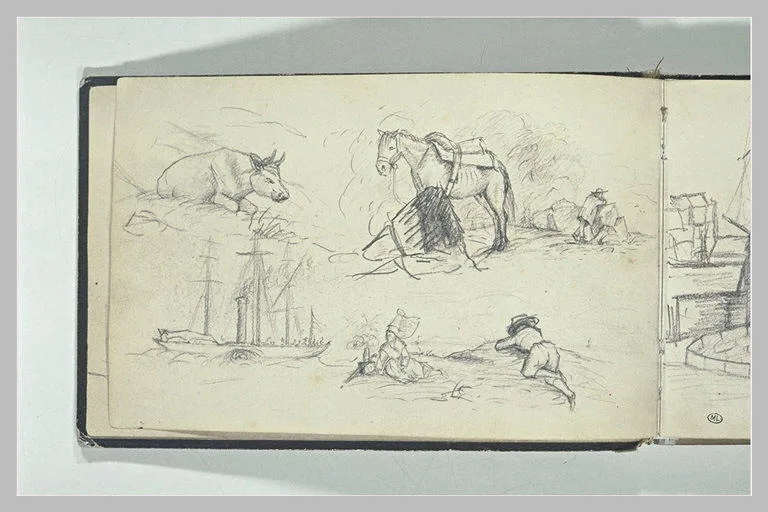 Etudes de vache, de paysages et d'un bateau à vapeur